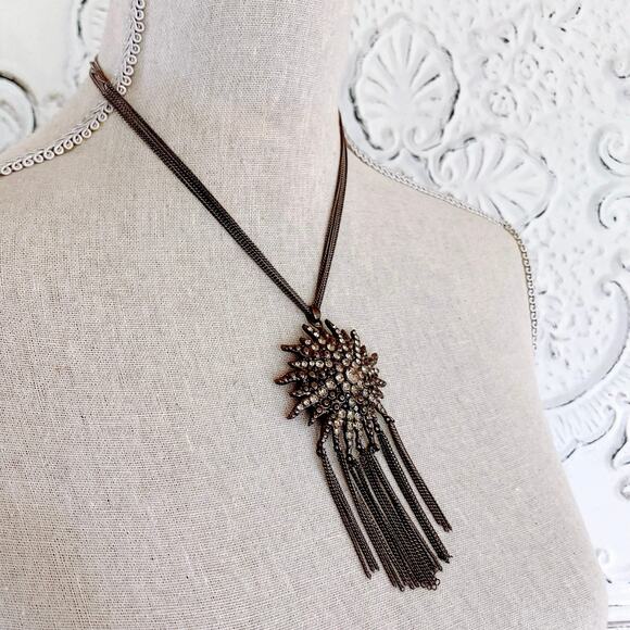 Rhinestone Sunburst Statement Necklace and Chain Fringe Gunmetal Jewelry - Picture 9 of 11